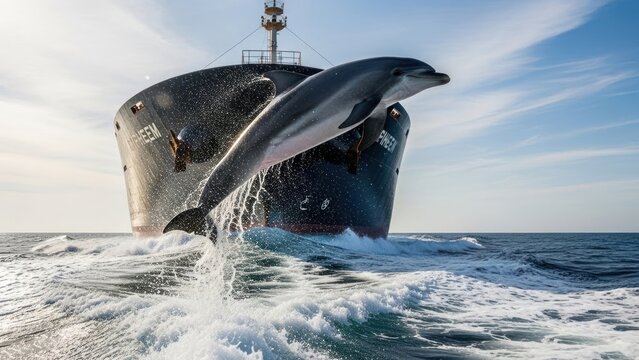 Dolphin jumping out of water near large ship
