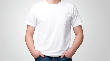 In a minimalist setting, a man wearing a plain white t-shirt displays a relaxed demeanor with both hands tucked into his pockets