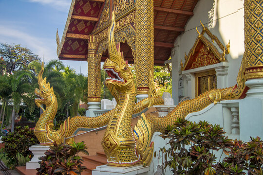 Wat Phra Singh temple sumptuous gilded naga entrance. Chiang Mai, Thailand