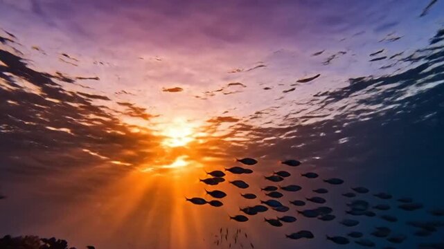 Underwater Sunset With School of Fish.