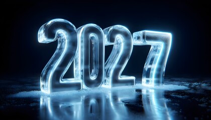Translucent blue ice carved 2027 numbers on dark background with frost and light reflections. AI Generated, Generative AI