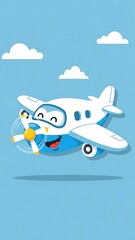 Naklejka premium Cartoon airplane flying in blue sky.