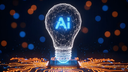 A glowing AI light bulb made of connected lines and dots, symbolizing artificial intelligence innovation and ideas, placed on a futuristic circuit board with digital bokeh lights.
