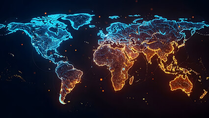 Digital world map with glowing interconnected lines and dots representing global data network and technology.