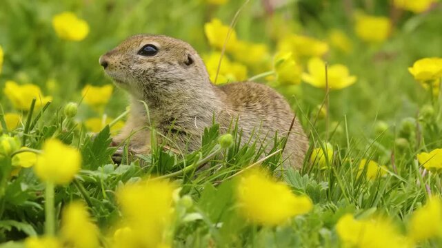 A cute, wild European ground squirrel (Spermophilus citellus), also known as a souslik, foraging for food in a field of blooming yellow wildflowers and green grass. The diurnal rodent is captured in a
