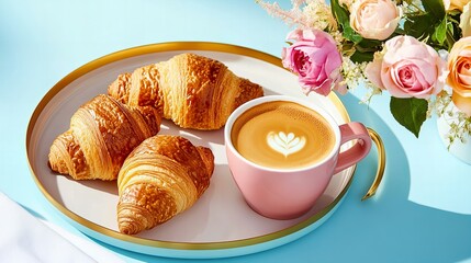 Breakfast in bed with a tray of coffee or tea, croissants, and a bouquet of flowers, perfect for self-care mornings, promoting relaxation, and enhancing cozy, comfortable home moments