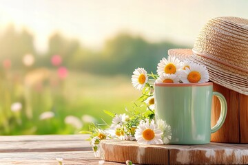 A refreshing cup of herbal tea with chamomile, a straw hat, and flowers on a wooden table outdoors, perfect for promoting wellness, healthy herbal beverages, and moments of calm and peace in nature