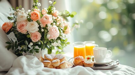 Breakfast in bed with a tray of coffee and juice, croissants, and a bouquet of flowers, perfect for self-care mornings, promoting relaxation, and enhancing cozy, comfortable home moments