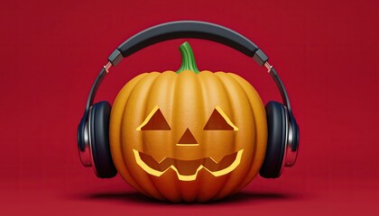 A jack o lantern wearing black headphones on a red background for halloween