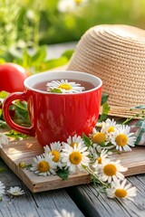 Close-up of a cup of herbal tea, straw hat, and chamomile flowers on a wooden table outdoors, perfect for promoting summer relaxation, healthy drinks, and peaceful moments in nature