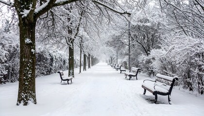 A snow-covered path lined with benches and trees in a winter park setting
