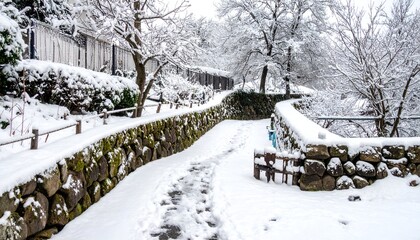 Stone pathway, snow-covered, leads through winter park, trees and fencing present