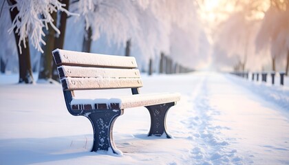 A snow-covered park bench sits along a path lined with frosted trees, bathed in sunlight