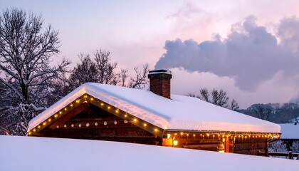 Cozy cabin scene at dusk, snow-covered roof, chimney smoke, string lights glow