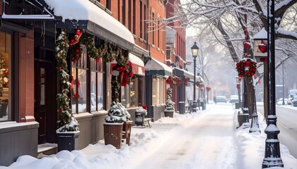 Snowy street scene with shops adorned with Christmas decorations, winter day
