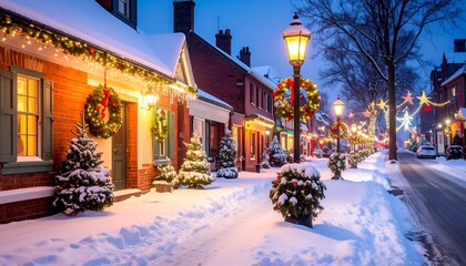 Winter street scene with decorated brick buildings, snow-covered sidewalks, and festive lights