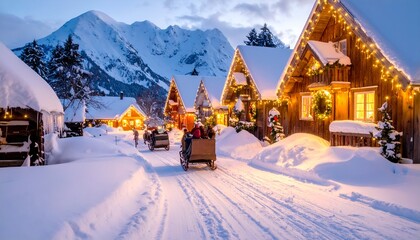 Snowy village scene with horse-drawn carriages, twinkling lights, mountains in the distance