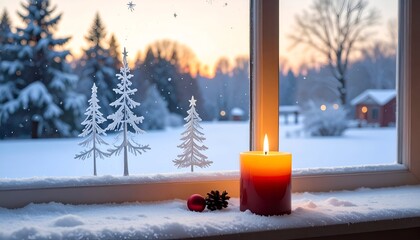 Cozy winter scene a lit candle on a snowy windowsill with a snowy forest background