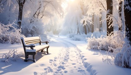 A snowy path leads through a winter park, lit by sunlight, with a bench