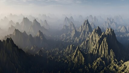 Majestic mountain range with foggy peaks and sunlight, China landscape