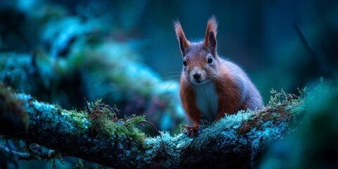 portrait of an adorable red squirrel, sitting on a mossy branch in the mystical forest, looking at the camera, with a soft blue light.