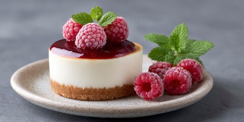 mini baked cheesecake with raspberry sauce and fresh raspberries on top, on a ceramic plate, dark background, food photography, close-up.