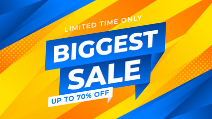 Biggest sale banner template with modern blue and orange gradient background, up to 70% off, suitable for sale promotions, e-commerce, marketing ads, events, web, pages, and more