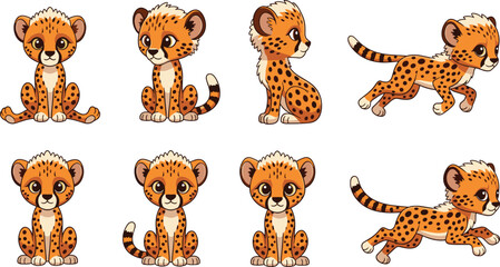 Set of eight cartoon cheetah cubs in various poses on a white background baby animal © Creatives Mind