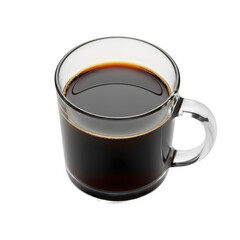 Close-up of clear glass mug filled with black coffee, isolated on white or transparent background, PNG Format.