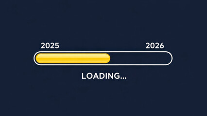 Loading bar indicating progress from 2025 to 2026, concept of new year anticipation and transition, digital graphic on dark background