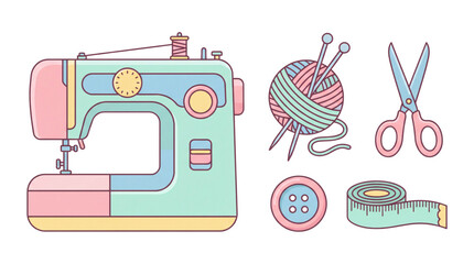 Sewing and handmade craft tools icons. Sewing machine, yarn ball, scissors, button, and measuring tape.