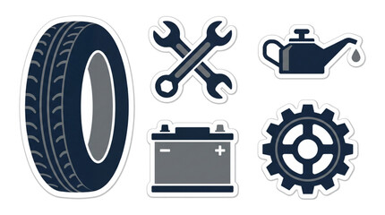 Car service and auto mechanic sticker icons. Tire, wrench tools, oil can, battery, and gear wheel illustration.
