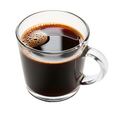 Close-up of clear glass mug filled with black coffee, isolated on white or transparent background, PNG Format.