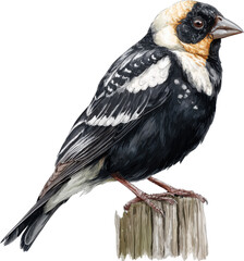 Beautiful black and white bird perched on a tree stump isolated on transparent background