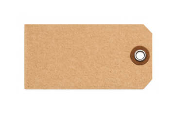 Kraft paper price tag with a blank surface and a round metal grommet. Transparent background allowing flexible use