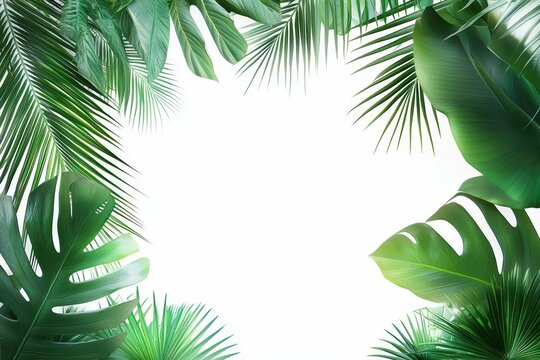 A lush border of tropical palm and banana leaves frames a blank white background space.