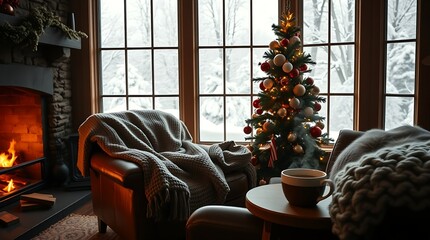 Warm rustic interior with textured blanket on chair and snowy forest view through window