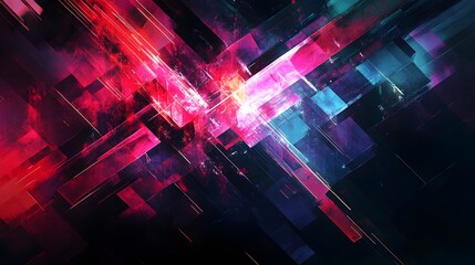 Abstract digital background composition featuring energetic intersecting lines and glowing neon shards creating a vivid visual representation of dynamic technological chaos and energetic movement.