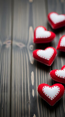 Red heart shaped objects on a wooden surface