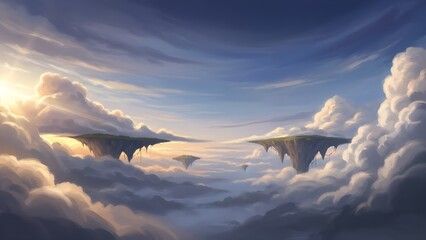 Surreal fantasy landscape with floating islands above clouds at sunrise