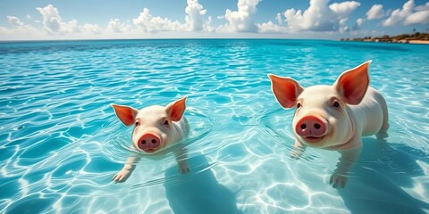 Whimsical Pigs Enjoy Clear Blue