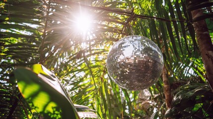 Obraz premium Sparkling mirrored sphere hangs amidst dense tropical foliage under bright sunlight