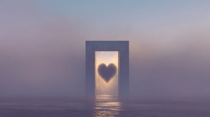 A surreal doorway frames a heart, standing on calm water under a purple mist.