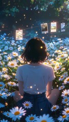 4k wallpaper of A serene digital illustration captures a moment of quiet contemplation amidst a field of daisies, with glowing fireflies dancing in the soft light, evoking a sense of peace and wonder