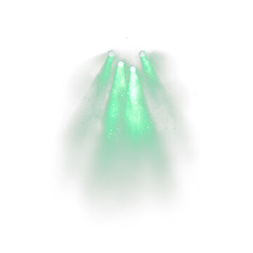Sparkling green party light overlay with clustered beams and glittering particles shining through haze on white background, magical dance floor spotlight effect for clubs, concerts and festive designs