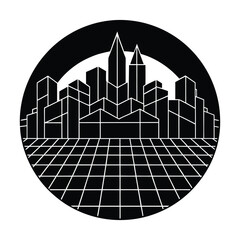 Vaporwave City Skyline Silhouette with Retro Grid