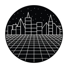 Vaporwave City Skyline Silhouette with Retro Grid