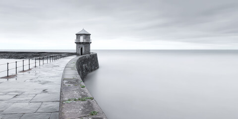 Coastal scene featuring a tower near the water with a walkway under cloudy skies during the day