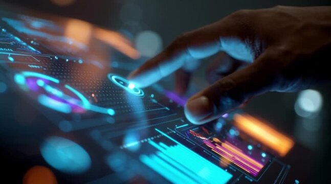 Close-up of hand interacting with futuristic digital interface