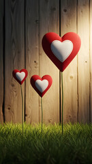 Three red and white hearts on sticks in grass